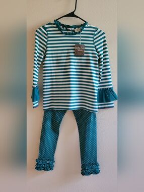 Matilda Jane Kids Teal & White Striped Ruffle-Sleeve Top And Leggings Set NWT